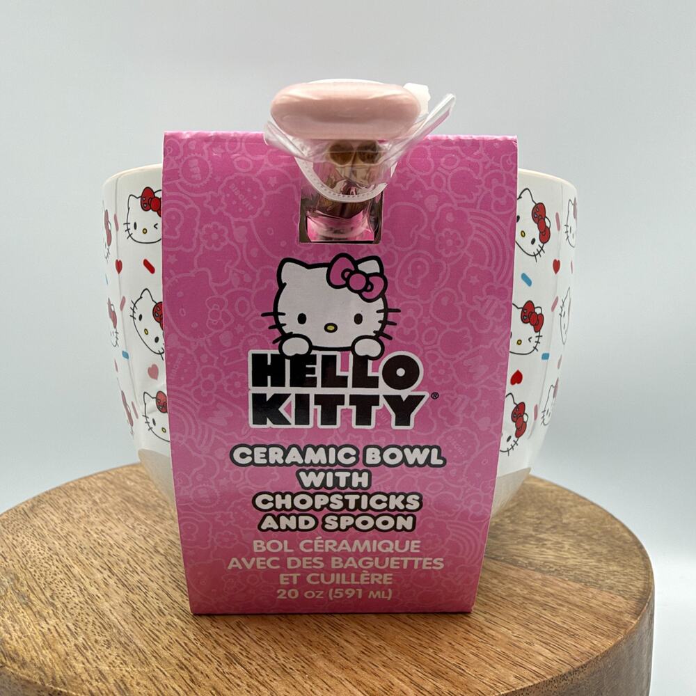 Hello Kitty 20 oz Ceramic Ramen Bowl Spoon + Chopsticks Pink Sanrio NWT
